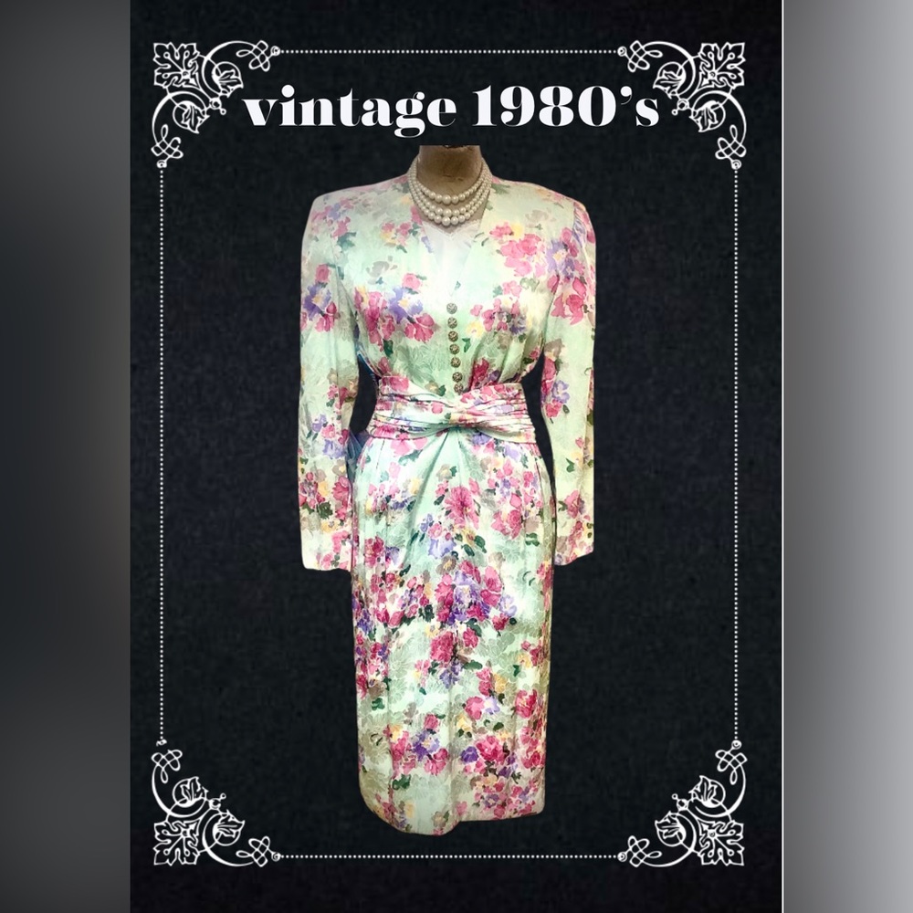 Silk floral dress 80’s does 40’s -green with pink - fully lined -Adele Simpson?